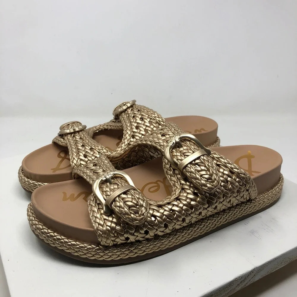Sam Edelman Reid Slide Sandals Womens 9 Gold Braided Double Buckle Platform